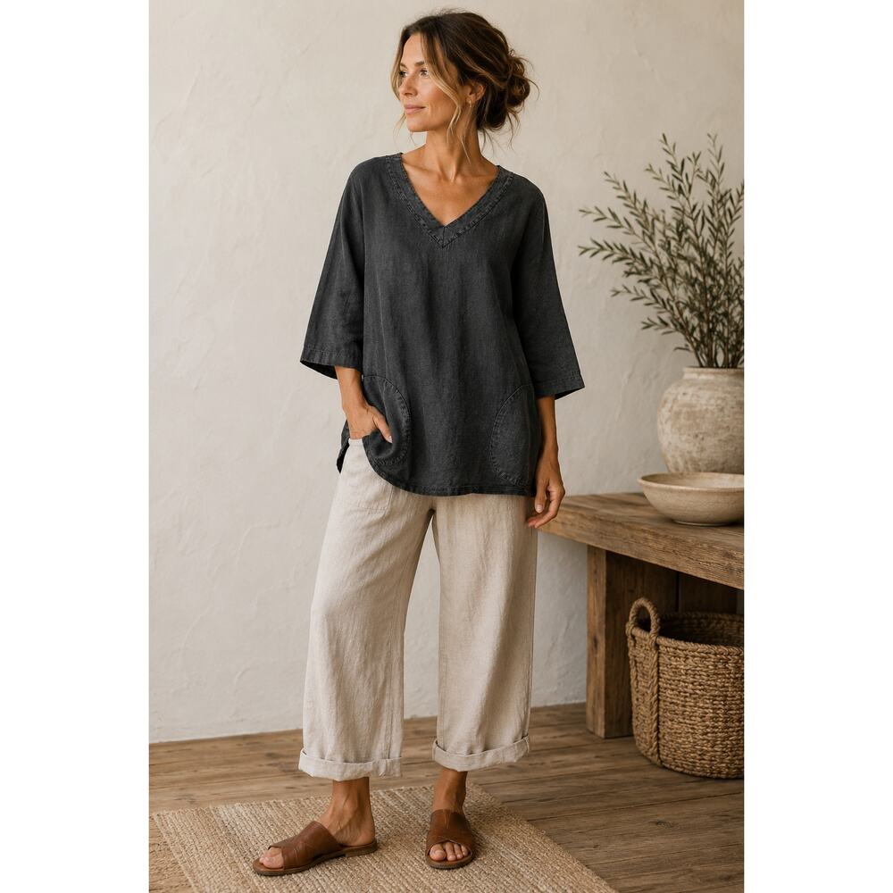 Click 100% Linen Charcoal Gray V-Neck Tunic Top Women’s Medium Relaxed Boho